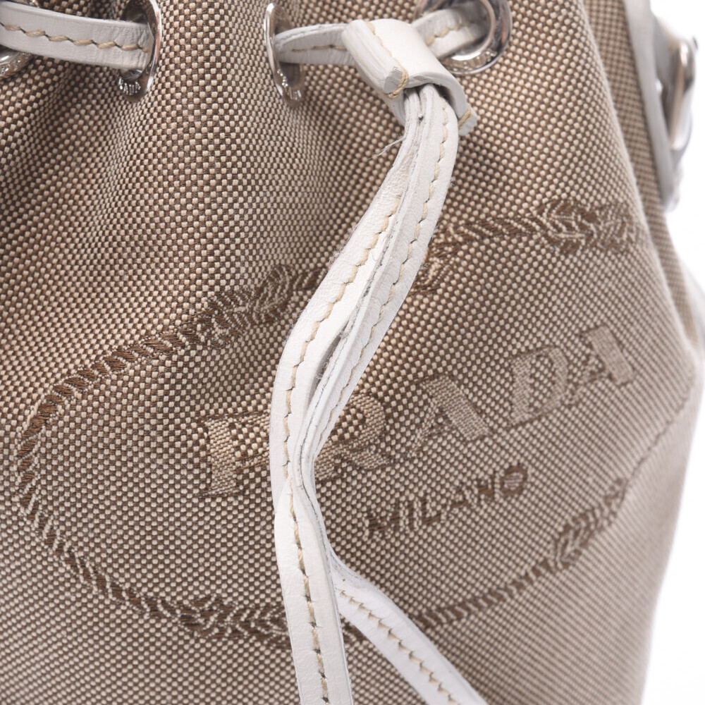 Prada Drawstring Pouch Beige White Jacquard Leath… - image 7